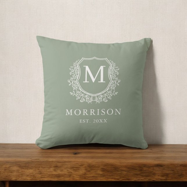 Rustic Sage Green Monogram Crest Initial Throw Pillow (Creator Uploaded)