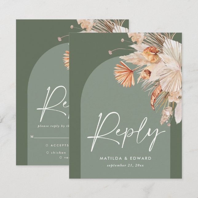 Rustic Sage Green Pampas Grass Modern on trend RSVP Card (Front/Back)
