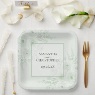 Rustic Sage Green Peonies Elegant Boho Wedding Paper Plates