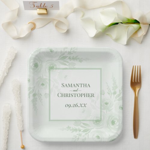 Rustic Sage Green Peonies Elegant Boho Wedding Paper Plates