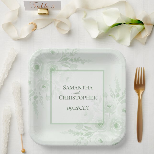 Rustic Sage Green Peonies Elegant Boho Wedding Paper Plates (Wedding)