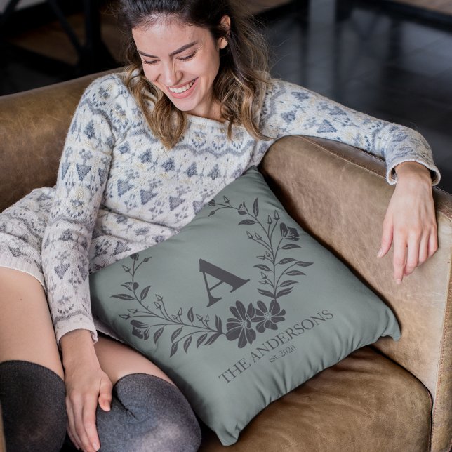 Rustic sage green personalized initial monogram throw pillow (Creator Uploaded)