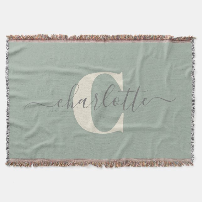 Rustic Sage Green Personalized Name Monogrammed Throw Blanket (Front)