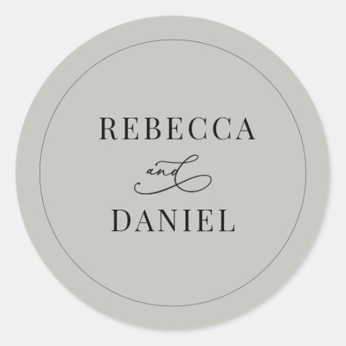 Rustic Sage Green Personalized Names Wedding Classic Round Sticker - Designed to coordinate with our Romantic Script wedding collection, this customizable names Sticker, features a calligraphy graphic ampersand, paired with a classy serif font in black. Matching items available.