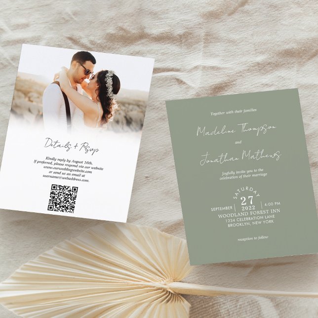 Rustic Sage Green Photo Budget Wedding QR Code (Creator Uploaded)