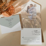 Rustic Sage Green Photo Wedding All In One Invitation<br><div class="desc">This elegant All-In-One Wedding Invitation features a sweeping script calligraphy text paired with a classy serif & modern sans font in black,  with a photo overlay on the front and a customizable monogram on the back. Matching items available.</div>