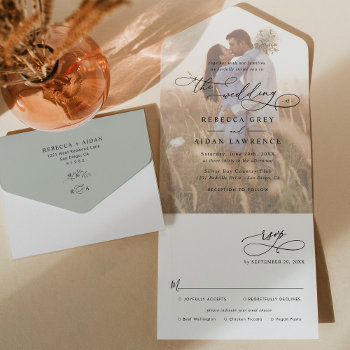 Rustic Sage Green Photo Wedding All In One Invitation by PeachBloome at Zazzle
