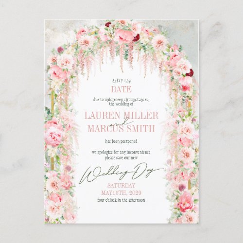 Rustic Sage Green  Pink Floral Arch Delay Date Postcard