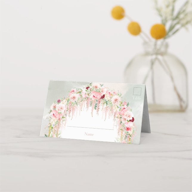 Rustic Sage Green & Pink Floral Arch Place Card (Front)