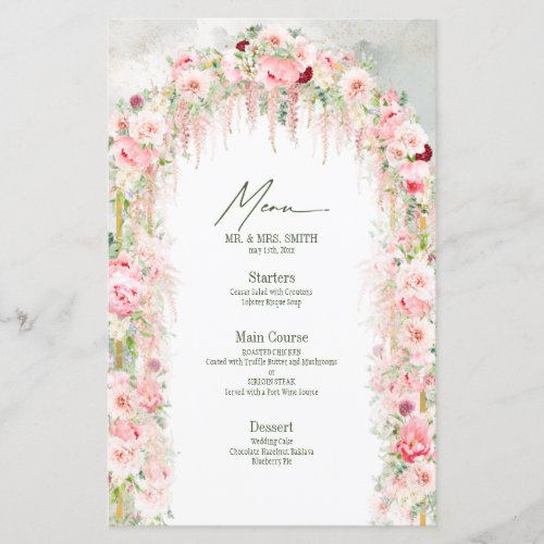 Rustic Sage Green  Pink Floral Arch Wedding Menu