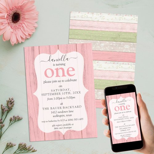 Rustic Sage Green  Pink Floral Wood 1st Birthday Invitation