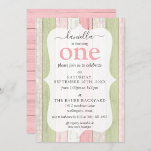 Rustic Sage Green & Pink Floral Wood 1st Birthday Invitation