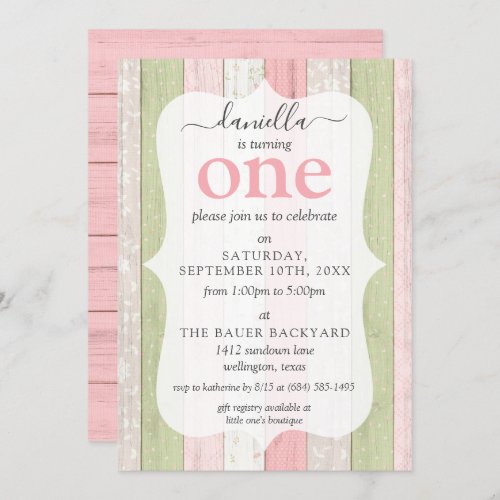 Rustic Sage Green  Pink Floral Wood 1st Birthday  Invitation