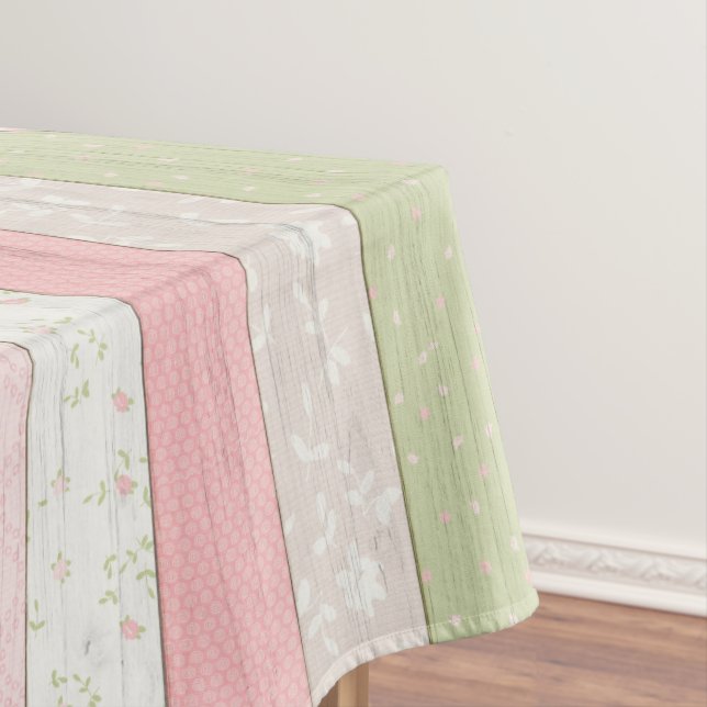 Rustic Sage Green & Pink Floral Wood Baby Shower Tablecloth (In Situ)