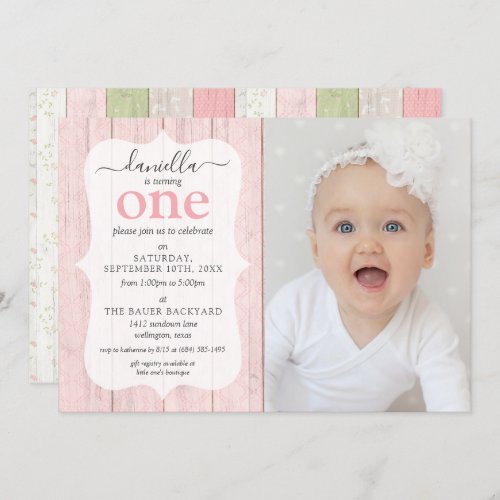 Rustic Sage Green Pink Floral Wood Birthday Photo Invitation