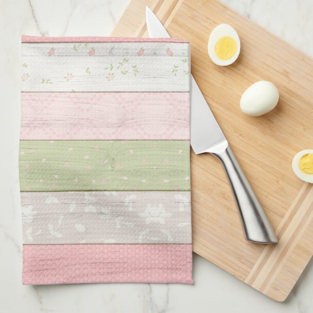 Rustic Sage Green & Pink Floral Wood Cottage Chic Kitchen Towel (Quarter Fold)