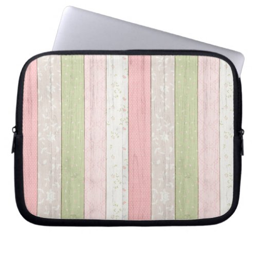 Rustic Sage Green  Pink Floral Wood Cottage Chic Laptop Sleeve