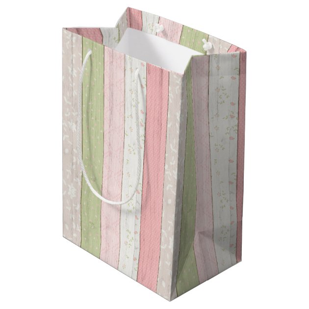 Rustic Sage Green Pink Floral Wood Cottage Chic Medium Gift Bag