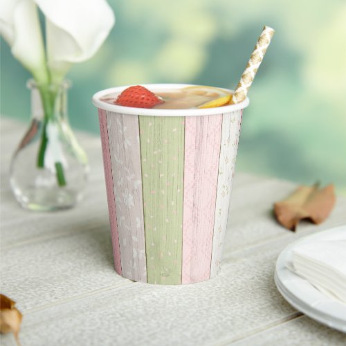 Rustic Sage Green  Pink Floral Wood Cottage Chic Paper Cups