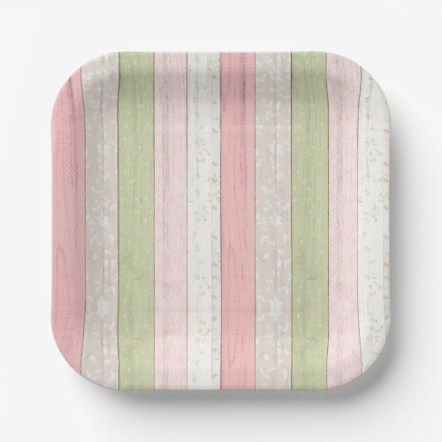 Rustic Sage Green  Pink Floral Wood Cottage Chic Paper Plates