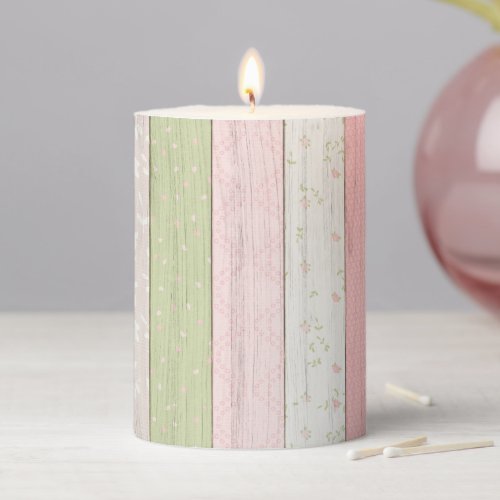 Rustic Sage Green  Pink Floral Wood Cottage Chic Pillar Candle