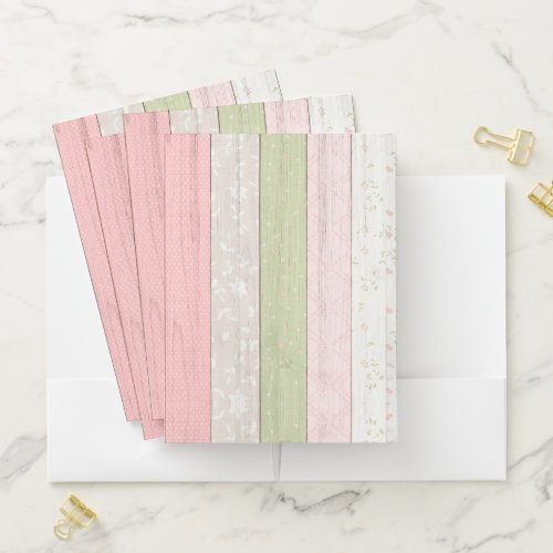 Rustic Sage Green  Pink Floral Wood Cottage Chic Pocket Folder