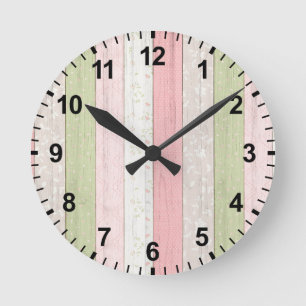 Rustic Sage Green & Pink Floral Wood Cottage Chic Round Clock
