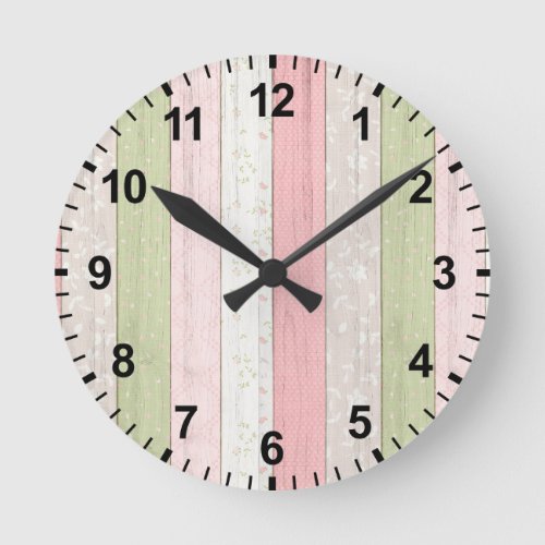 Rustic Sage Green &amp; Pink Floral Wood Cottage Chic Round Clock