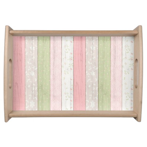 Rustic Sage Green  Pink Floral Wood Cottage Chic Serving Tray