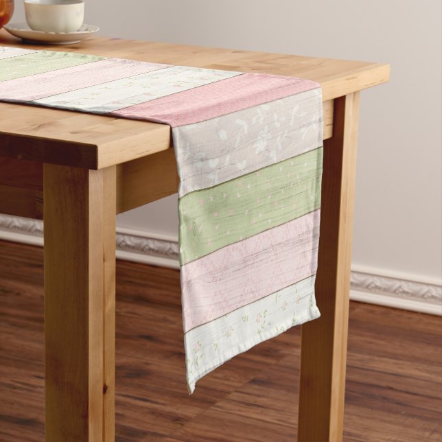 Rustic Sage Green & Pink Floral Wood Cottage Chic Short Table Runner (In Situ)