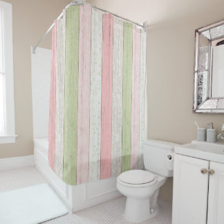 Rustic Sage Green & Pink Floral Wood Cottage Chic Shower Curtain