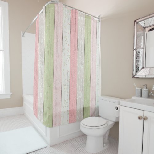 Rustic Sage Green  Pink Floral Wood Cottage Chic Shower Curtain