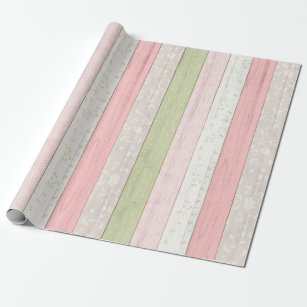 Rustic Sage Green & Pink Floral Wood Cottage Chic Wrapping Paper