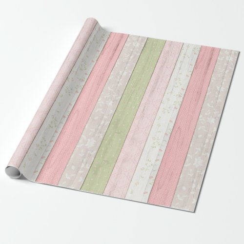 Rustic Sage Green  Pink Floral Wood Cottage Chic Wrapping Paper