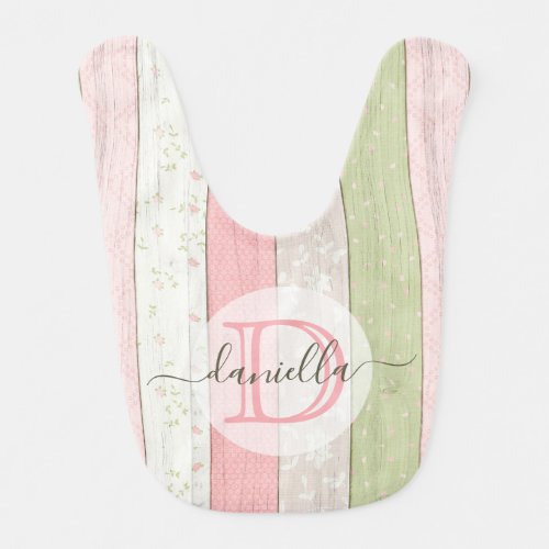 Rustic Sage Green  Pink Floral Wood Personalized Baby Bib