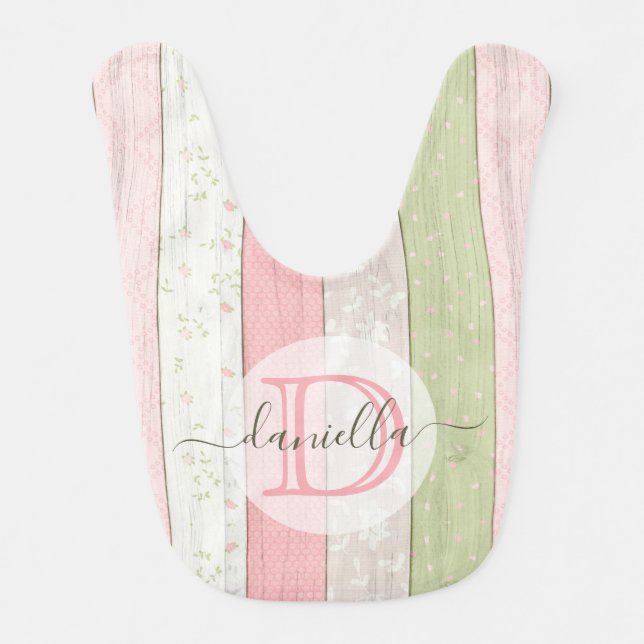 Rustic Sage Green & Pink Floral Wood Personalized Baby Bib (Front)