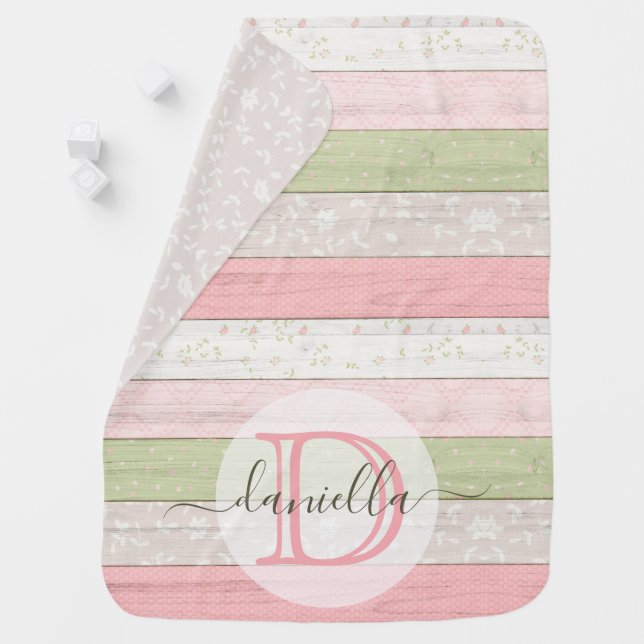 Rustic Sage Green & Pink Floral Wood Personalized Baby Blanket (In Situ)
