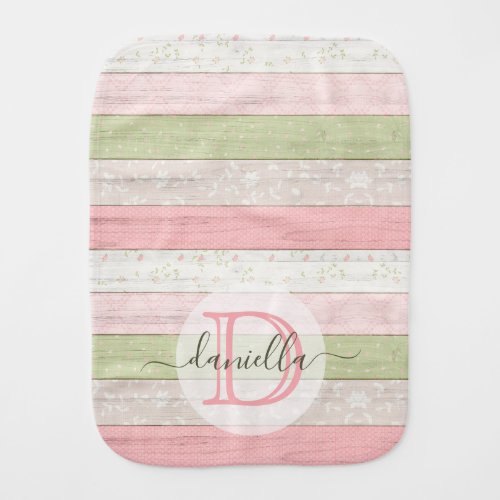 Rustic Sage Green  Pink Floral Wood Personalized Baby Burp Cloth