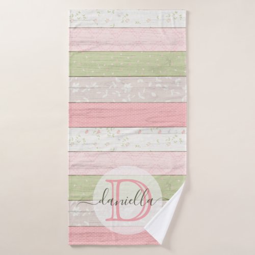 Rustic Sage Green  Pink Floral Wood Personalized Bath Towel