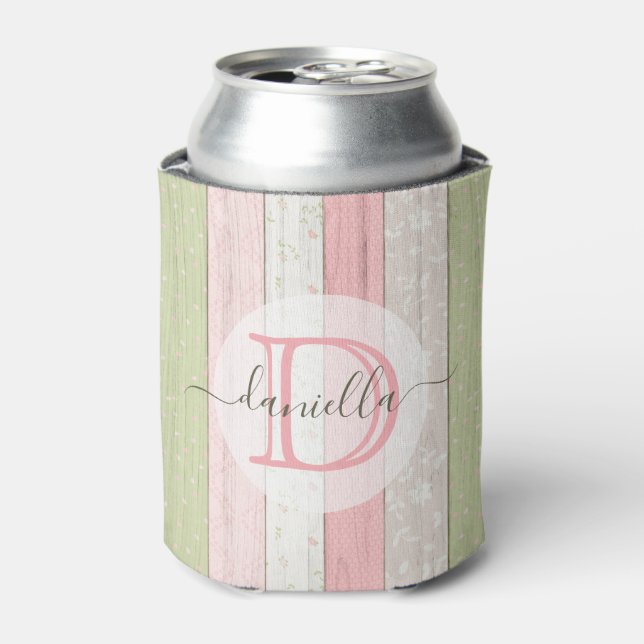Rustic Sage Green & Pink Floral Wood Personalized Can Cooler (Can Front)