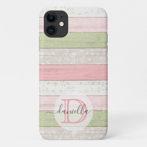 Rustic Sage Green  Pink Floral Wood Personalized iPhone 11 Case