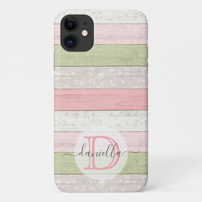 Rustic Sage Green & Pink Floral Wood Personalized Case-Mate iPhone Case (Back)