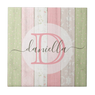 Rustic Sage Green & Pink Floral Wood Personalized Ceramic Tile
