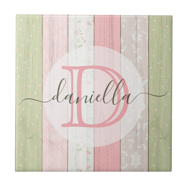 Rustic Sage Green & Pink Floral Wood Personalized Ceramic Tile (Front)