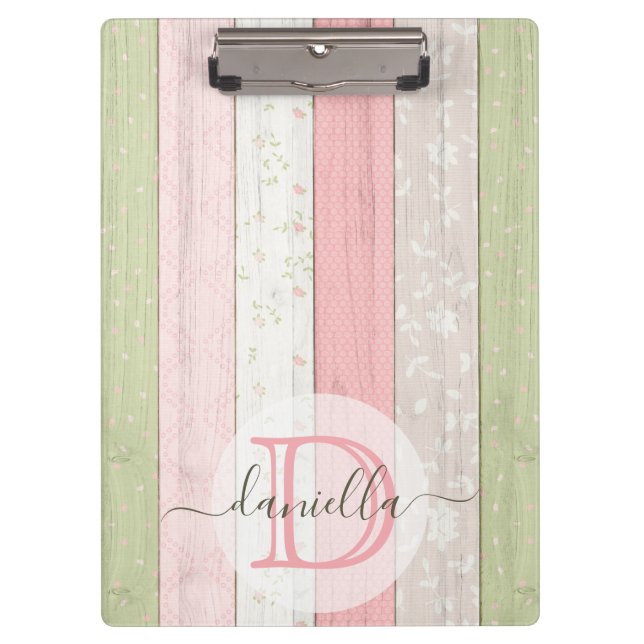 Rustic Sage Green & Pink Floral Wood Personalized Clipboard (Front)