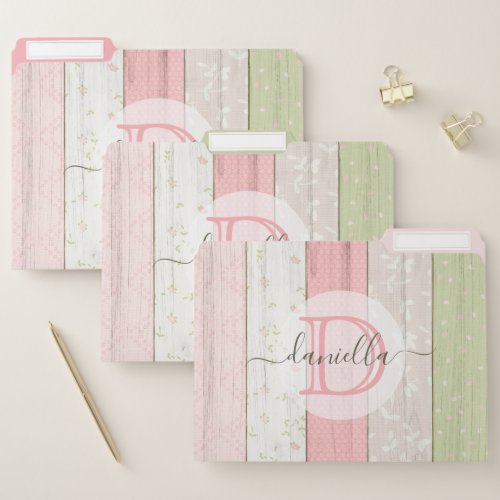 Rustic Sage Green  Pink Floral Wood Personalized File Folder