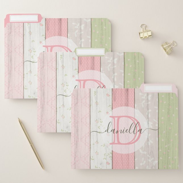 Rustic Sage Green & Pink Floral Wood Personalized File Folder (Set)