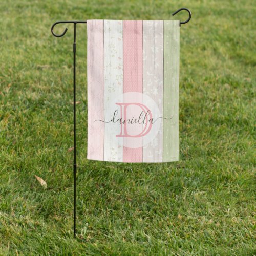 Rustic Sage Green  Pink Floral Wood Personalized Garden Flag