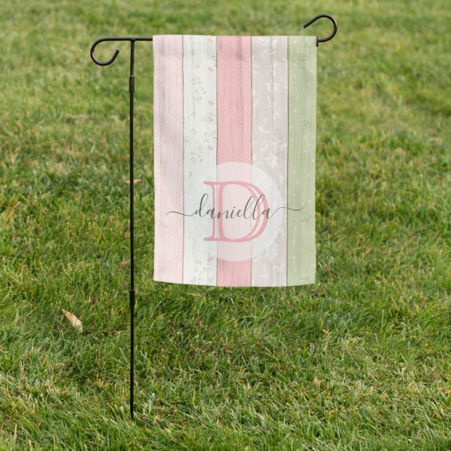 Rustic Sage Green & Pink Floral Wood Personalized Garden Flag (In SItu)