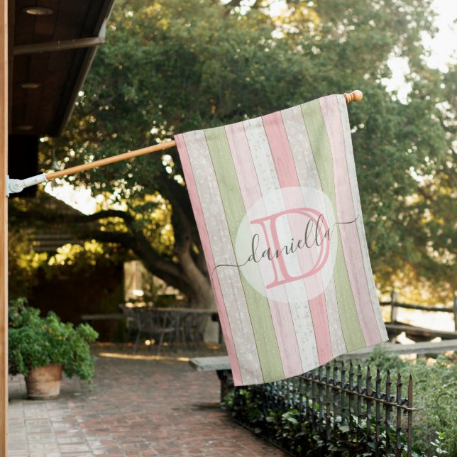 Rustic Sage Green & Pink Floral Wood Personalized House Flag (In SItu)